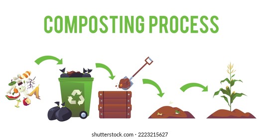 Composting process stages and arrows flat style, vector illustration isolated on white background. Food waste, dumpster, processing and obtaining organic fertilizers