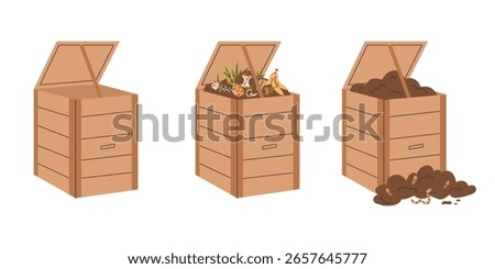 Composting process stages. Three wooden compost bins showing empty container, organic waste, compost soil. Eco friendly gardening and recycling concept.