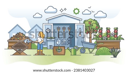 Composting tools and equipment for organic decompose process outline concept. Sustainable gardening with old leaves collection for mulch or soil container vector illustration. Shed with bio waste pit