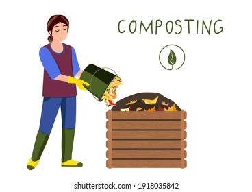 Composting. Woman making compost. Zero waste concept. Vector illustration.