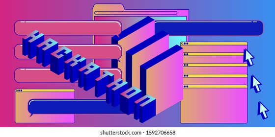 Compostiton of UI and UX elements in neon color tones. Poster for Hackathon Meet Up and IT Technology  Event in Retrofuturistic 80's-90's style.