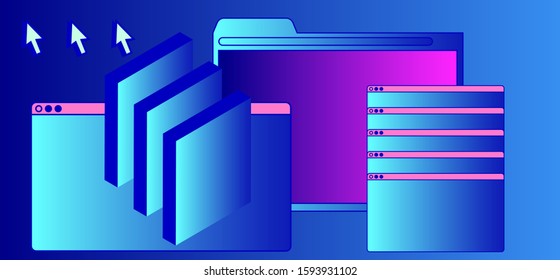 Compostiton of UI and UX elements in neon color tones. Poster for Hackathon Meet Up and IT Technology  Event in Retrofuturistic 80's-90's style.