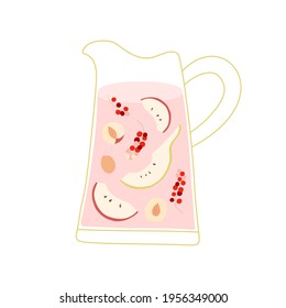 Compote with fruits and berries. Jug with compote. Apple, pear, peach slices, apricot, red currant. Vector isolated illustration.