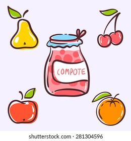 The compote fruits components consist of red apple, yellow pear, purple cherry and pomarange orange. Fully editable vector illustration. Ideal for textile and ceramic industry, post cards.