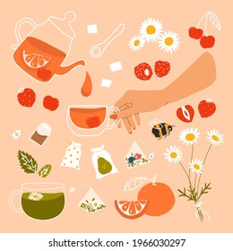 Compote set of elements. Juice with fruits and berries. A woman holds a mug. Natural tea. Summer homemade cocktail. Strawberry, cherry, raspberry, orange, chamomile. All objects are isolated. Vector.