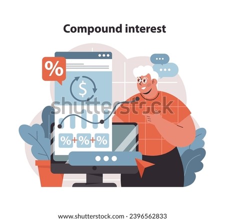Compound Interest Concept. Understanding the power of exponential growth to boost retirement savings. Financial wisdom in action. Flat vector illustration.