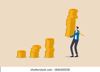 Compound interest effect, high return investment stock market or growth and prosperity economic concept, businessman investor holding high stack of dollar money coins to put as growth compound graph.