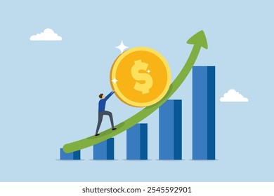 Crescimento exponencial de juros compostos, empreendedor impulsiona os fundos para cima em um gráfico crescente. 