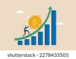 Compound interest exponential growth, investing earning profit, wealth management or savings, pension fund growing in long term investment concept, businessman push money coin up exponential graph.