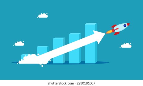 Compound interest growth. Investment grows. Bar graph with arrows following a flying rocket