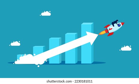 Compound interest growth. Investment grows. Bar graph with arrows following a flying rocket