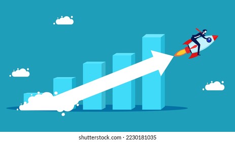 Compound interest growth. Investment grows. Bar graph with arrows following a flying rocket