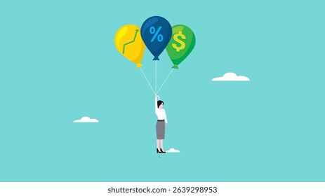 compound interest growth on capital, return on investment or dividend leads to financial freedom, successful investment strategy, businesswoman flying using balloon with dollar icon and growth graph