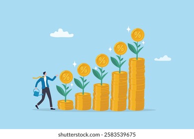 Compound interest growth, savings, investment or wealth accumulation formula, interest rate principal, profit or earning, prosperity concept, businessman watering compound interest seedling growth.