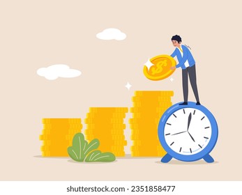 Compound interest or investment growth, tax time reminder concept. Long term investing or savings for retirement fund. Businessman on alarm clock put more dollar coin money to increase his savings.