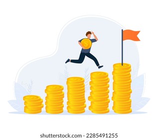 Compound interest, money growth investment. Businessman putting coins in jar on money stack step growing growth saving money