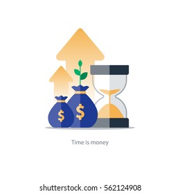Compound interest, time is money, financial investments in stock market future income growth, revenue increase, money return, pension fund plan, budget management, savings account, banking vector icon