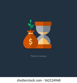 Compound interest, time is money, financial investments in stock market future income growth, revenue increase, money return, pension fund plan, budget management, savings account, banking vector icon