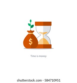 Compound interest, time is money, financial investments stock market, future income growth, revenue increase, money return, pension fund plan, budget management, savings account, banking vector icon