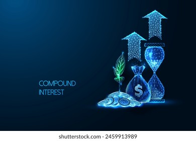 Compound interest, wealth accumulation, financial growth futuristic concept with money management symbols in glowing low polygonal style on dark blue background. Abstract design vector illustration.