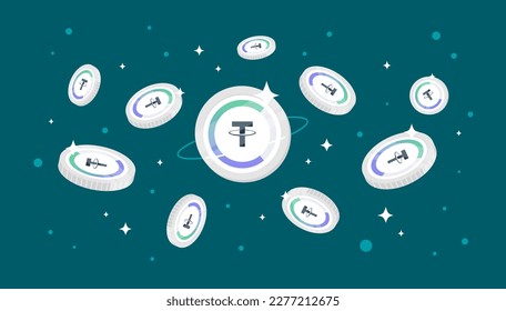 Monedas de USDT compuestas cayendo del cielo. Fondo del banner del concepto de criptodivisa CUSDT.