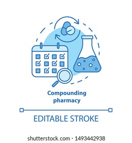 Compounding pharmacy concept icon. Personalized medications idea thin line illustration. Medication treatment schedule. Drugs mixing, compatibility. Vector isolated outline drawing. Editable stroke