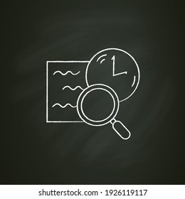 Comprehension chalk icon. Slow reading with magnifier and clock linear pictogram. Attention tracking, information absorption and tracking lack of attention. Isolated vector illustration on chalkboard