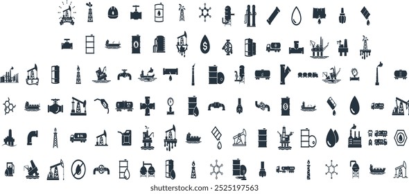 Comprehensive 100 Icons Set Representing Oil and Gas Industry, Including Exploration, Drilling, Refining, Transportation, and Equipment Symbols in a Professional Design for Industrial Use