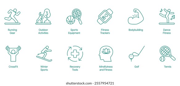 Comprehensive Active Lifestyle Icon Set - Vector Illustrations for Running Gear, Outdoor Activities, Sports Equipment, Fitness Trackers, Bodybuilding, Dance Fitness, CrossFit, Winter Sports 