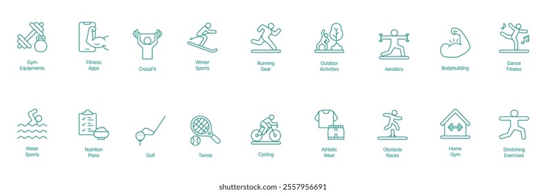 Comprehensive Active Lifestyle Icon Set - Vector Illustrations for Gym Equipment, Fitness Apps, CrossFit, Winter Sports, Running Gear, Outdoor Activities, Aerobics, Bodybuilding, Dance Fitness 