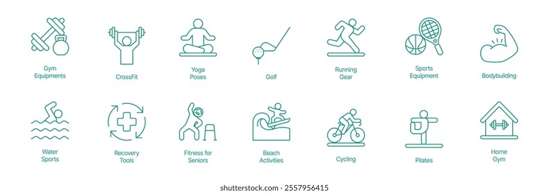 Comprehensive Activity and Fitness Icon Set - Vector Illustrations for Gym Equipment, CrossFit, Yoga Poses, Golf, Running Gear, Sports Equipment, Bodybuilding, Water Sports, Recovery Tools 