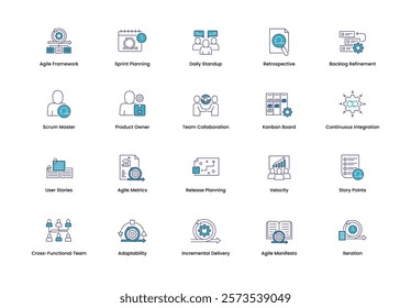 Comprehensive agile management icon set. Includes agile framework, sprint planning, daily standup, retrospective, backlog refinement, user stories, agile metrics, release planning, and more for effect