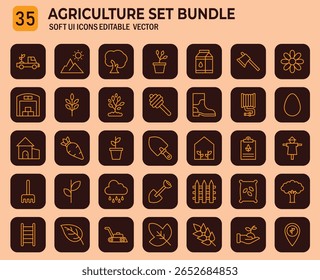 Conjunto abrangente de ícones agrícolas que representa práticas agrícolas e de cultivo para design gráfico moderno