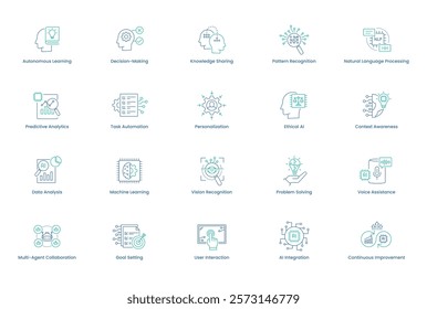 Comprehensive AI Agents Icon Set. Autonomous learning, decision-making, knowledge sharing, pattern recognition, natural language processing, and more icons for intelligent AI systems. Vector icon set.