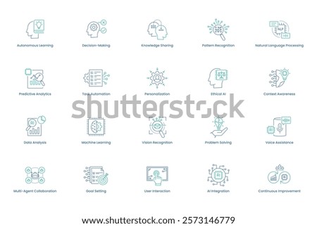 Comprehensive AI Agents Icon Set. Autonomous learning, decision-making, knowledge sharing, pattern recognition, natural language processing, and more icons for intelligent AI systems. Vector icon set.