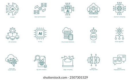 Comprehensive AI and Cloud Computing Vector Icons Set: AI Brain, Data Synchronization, AI Ethics, Cloud Migration, Quantum Computing, API Connection, AI Chip, Cloud-Based Database vector icon set