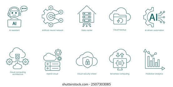 Conjunto de iconos vectoriales de infraestructura de nube e inteligencia artificial: asistente de inteligencia artificial, red neuronal artificial, centro de datos, copia de seguridad en la nube, automatización impulsada por inteligencia artificial, conjunto de iconos de Vector de arquitectura de computación en la nube