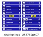 Comprehensive Airport Signage Icons: Departure, Arrival, Transfer, Baggage, Check-in, Toilet, Smoking Area, Transport to City and Lift Information. Vector.