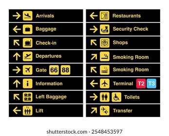 Iconos completos de señalización del aeropuerto: Salida, llegada, traslado, equipaje, check-in, baño, zona de fumadores e información de ascensor