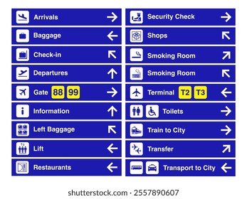 Comprehensive Airport Signage Icons: Departure, Arrival, Transfer, Baggage, Check-in, Toilet, Smoking Area, Transport to City and Lift Information. Vector.