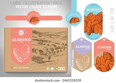 Comprehensive almond packaging design set featuring modern illustrations, vibrant pastel accents, and clear labeling. Perfect for farms, grocery stores, and specialty food brands