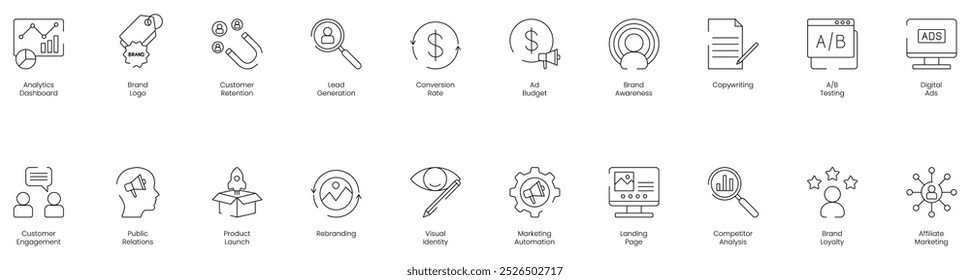 Completo conjunto de iconos de tablero de instrumentos analíticos que incluye el logotipo de la marca, la retención del Cliente, la generación de clientes potenciales, la tasa de conversión, el presupuesto de anuncios, la conciencia de la marca, la redacción de textos, el conjunto de iconos de Vector de pruebas AB