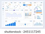 Comprehensive Analytics Dashboard UI with Diverse Data Visualization. User interface of an analytics dashboard featuring a variety of graphs and charts for efficient data management and monitoring. 