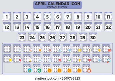 Comprehensive april calendar icon set with various editable appointments and reminders flat design
