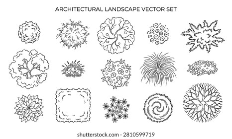 Comprehensive architectural landscape vector set featuring a diverse array of plants, trees, and bushes from an aerial perspective. ideal for creating detailed garden layouts and landscape designs. clean, isolated vector elements.