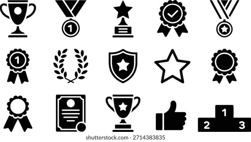 Una amplia gama de iconos de glifos negros que representan varios premios, reconocimiento, calidad sobresaliente y resultados de competición triunfantes.