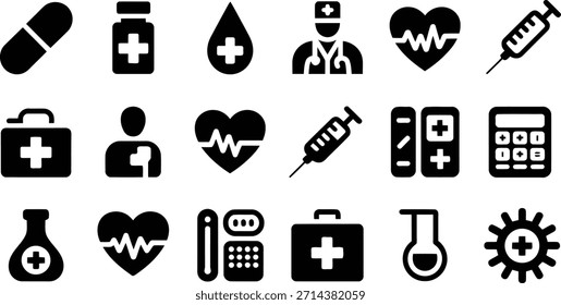 Una amplia gama de iconos de siluetas negras que muestran diversos equipos médicos, atención profesional y conceptos de salud.
