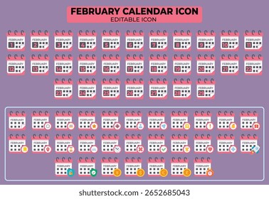 Uma ampla variedade de ícones do calendário de fevereiro projetados para necessidades versáteis de programação abrangendo