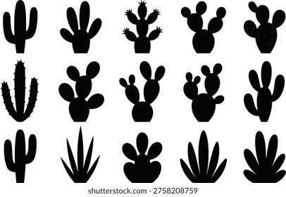 A comprehensive array of fifteen black cactus and succulent plant silhouettes, suitable for diverse botanical or desert-themed designs.