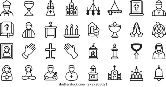 A comprehensive array of line art icons depicting Christian clergy, rituals, sacred objects, and church architecture.